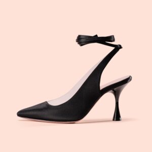 Slingback Mimosa Nero raso vista laterale esterna lacci caviglia